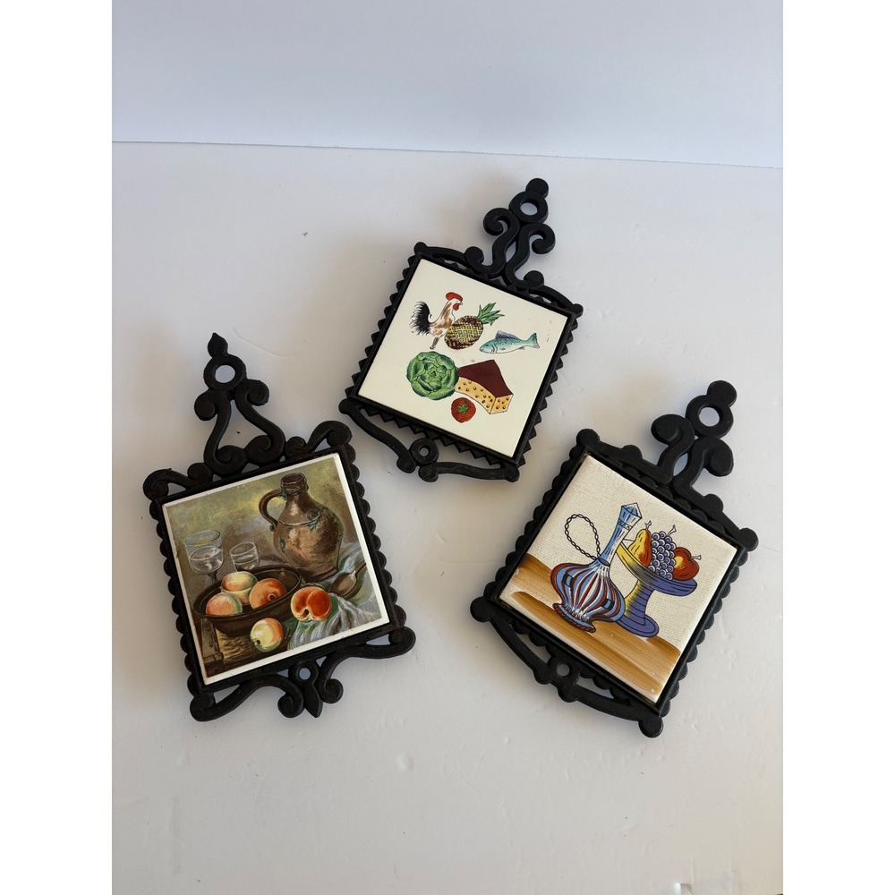VTG Cherry Japan Cast Iron Ceramic Tile Trivets wall lot 3 Mid-Century Kitschy